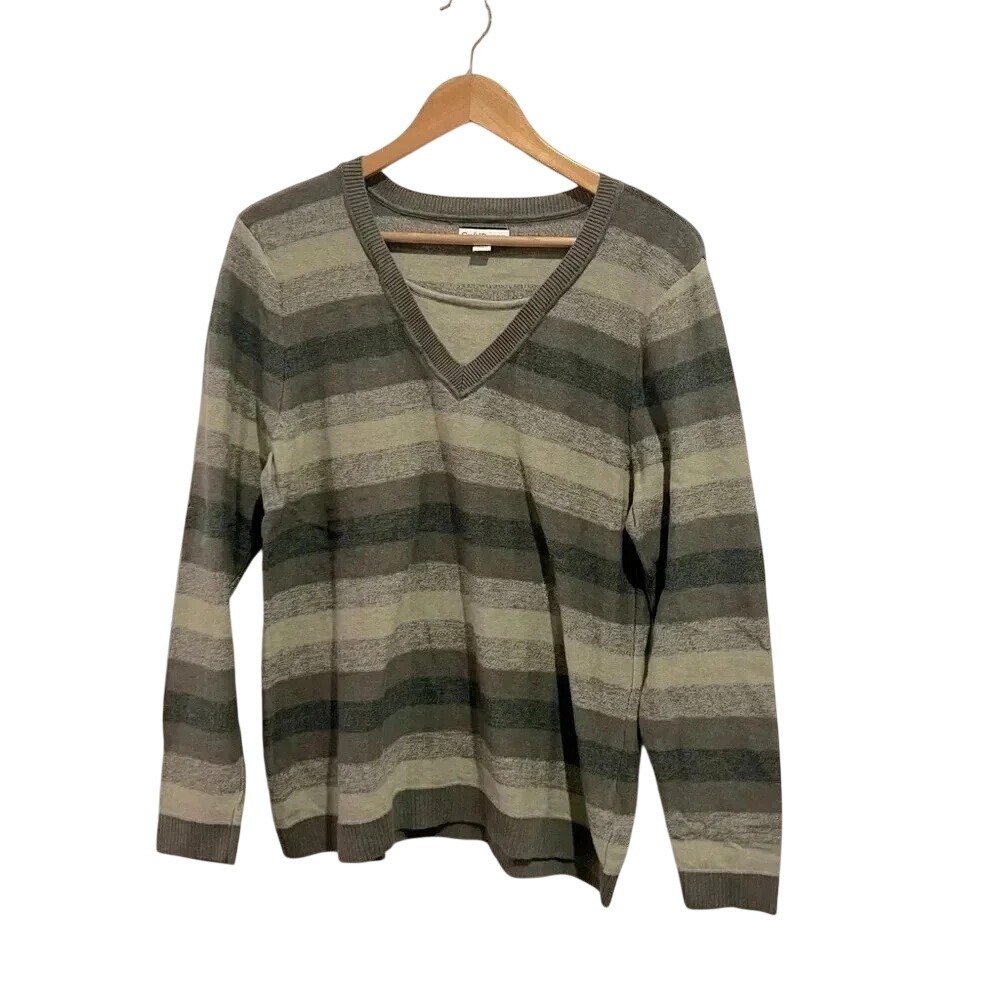 Croft & Barrow Women XL V-Neck Green Striped Sweater Long Sleeve Knit Pullover